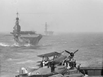 HMS Victorious flight deck showing HMS Indomitable and Eagle Sea Hurricane and Albacore are ranged on flight deck August 1942