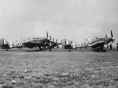 Hurricane Mk IIB of No 174 Squadron RAF lined up at Manston Kent