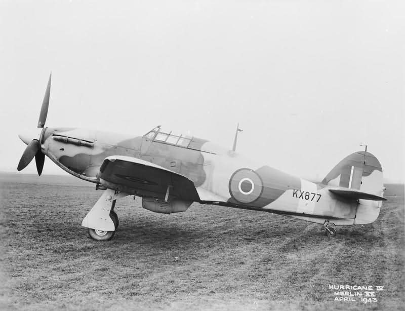 Hurricane Mk IV fighter bomber KX877 parked on an airfield April 1943