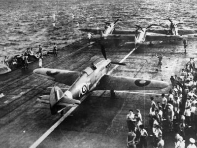 Sea Hurricane coded 7-F aboard aircraft carrier