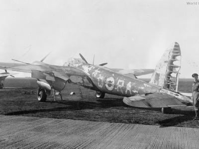 Heavily damaged Mosquito II DZ757 RA-Q of No. 410 Squadron RCAF