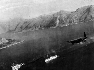 Mosquito launching a rocket attack on German shipping in a Norwegian Fjord 1944