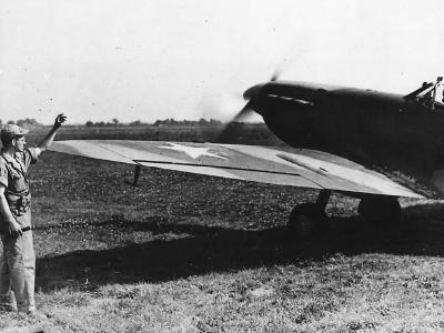 USAAF pilot of 307th Fighter Squadron ready to takeoff in Spitfire Mk V, England 1942