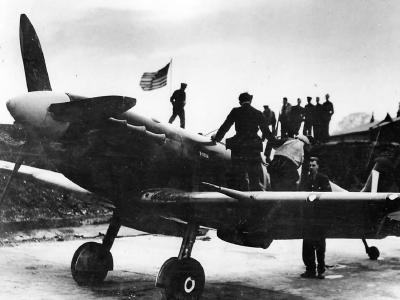 Eagle Squadron No. 133 pilot exits Spitfire Mk V after Ostend Raid 1942