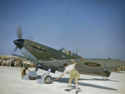 Air Vice Marshal Keith Park taxiing his personal Spitfire V, Malta, Safi airfield