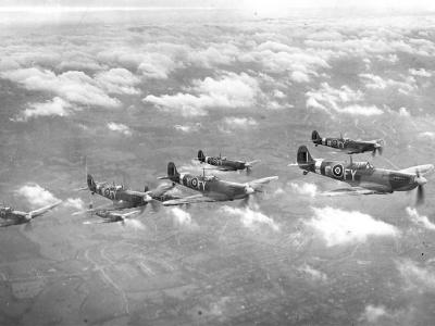 Spitfires Mk IX of No. 611 Squadron RAF in flight