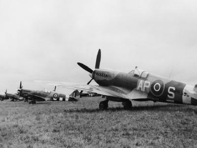 Spitfire Mk XIV RM693 AP-S of No 130 Squadron RAF on the ground at B-82 Grave, Netherlands