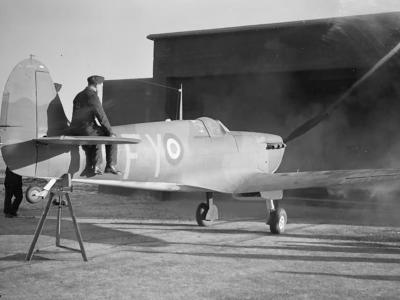 Spitfire Mk I N3072 of 611 Squadron RAF during a firing test at the gun butts at Digby