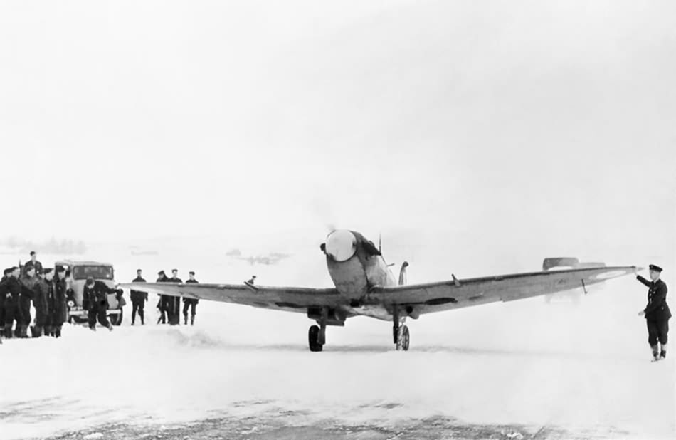 Supermarine Spitfire of No. 603 Squadron RAF taxiing out at Dyce 4 ...