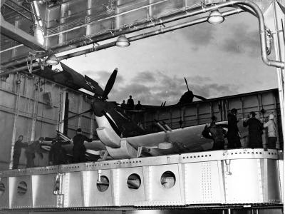 Spitfire on elevator of the carrier USS Wasp 1942