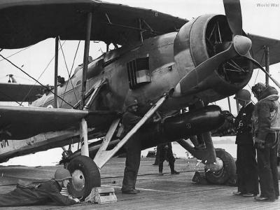 Swordfish with torpedo aboard carrier