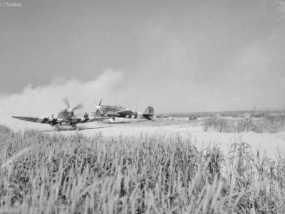 Typhoon of 181 Sqn and Spitfire at Bazenville, Normandy