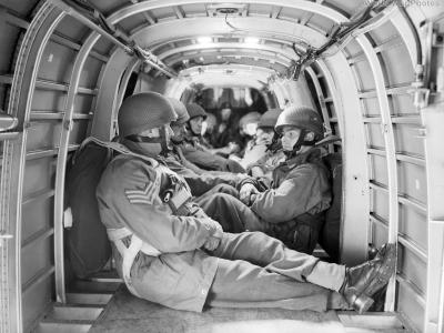 Paratroopers inside the fuselage of a Whitley