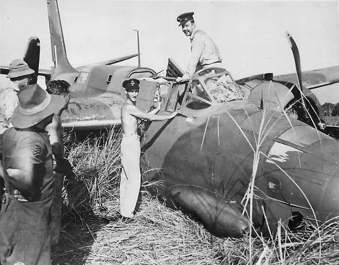 Pilot Rowell after crash landing DB-7B Boston III A28-8 code DU-J of 22 squadron RAAF, New Guinea 1943