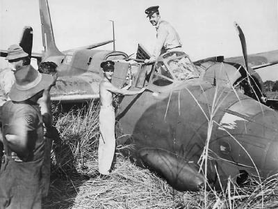 Pilot Rowell after crash landing DB-7B Boston III A28-8 code DU-J of 22 squadron RAAF, New Guinea 1943