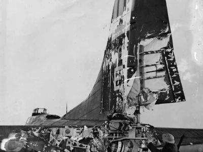 Battle Damaged B-17 Flying Fortress of 100th Bomb Group
