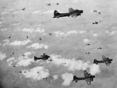 B-17 Flying Fortress 8th AF in Flak Filled Sky During Berlin Raid