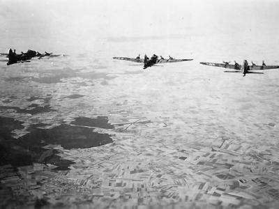 Rear Aerial View of Trio of B-17 Bombers Heading To Target