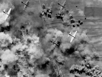 aerial view of a 15th Air Force B-17 group bombing Vienna in April 1944