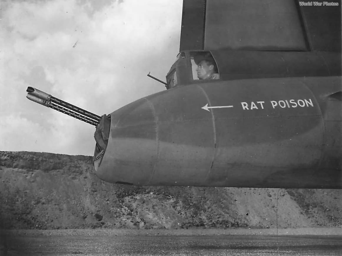 Tail gunner behind .50 Caliber Machine Guns on B-17E