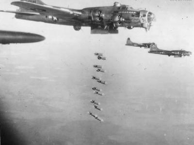 Bombs falling from 452nd BG B-17 43-37644