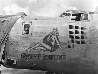 B-24J 44-40527 of the 11th Bomb Group, 26th Bomb Squadron named „Sweet Routine” nose art