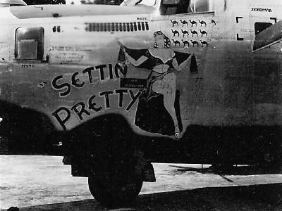 B-24L Liberator 44-41429 of the 308th Bomb Group, 375th Bomb Squadron – „Settin Pretty” nose art