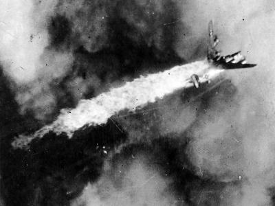 B-24 of the 8th AF 2nd AD goes down in flames during an attack on the railway marshalling yards at Munster Germany