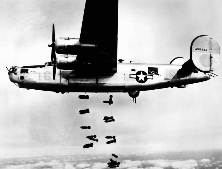 B-24M Liberator releases bombs on Muhldorf Railyards, Germany 19 March 1945