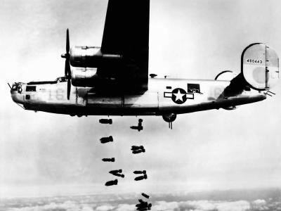 B-24M Liberator releases bombs on Muhldorf Railyards, Germany 19 March 1945
