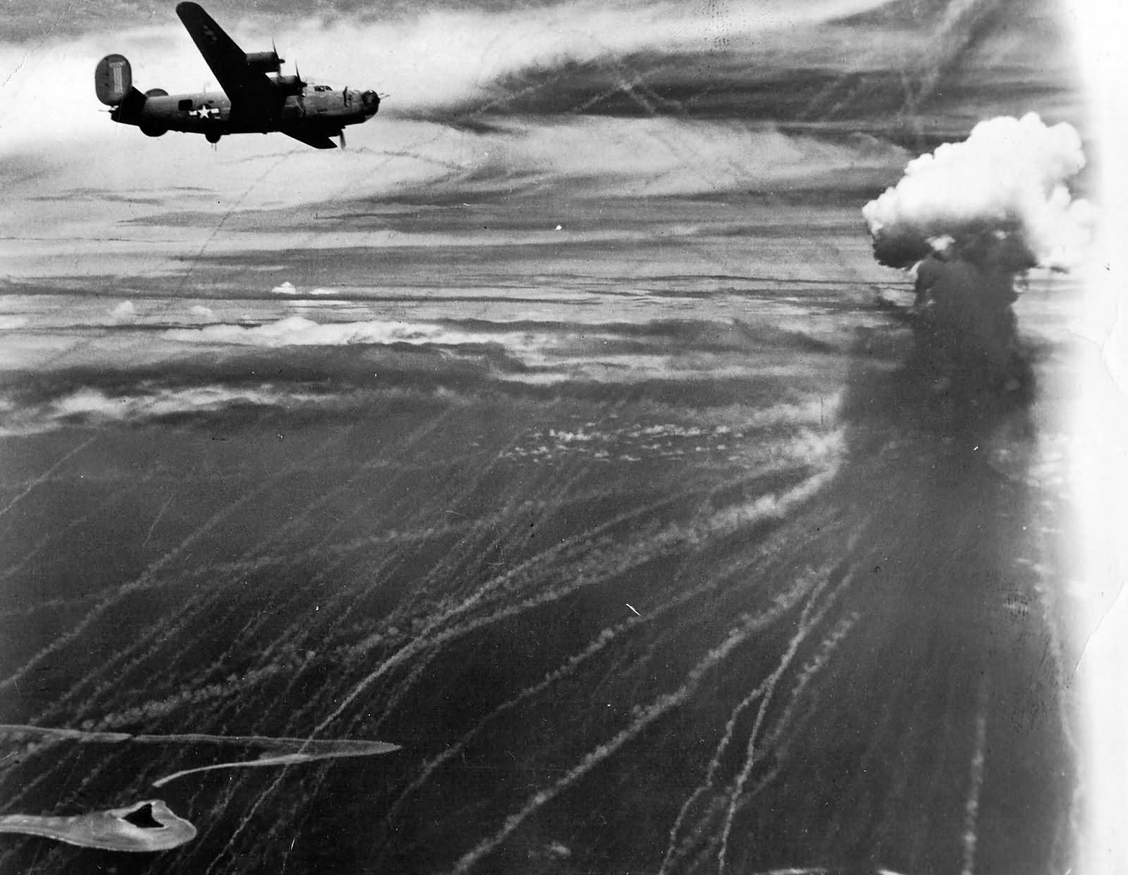 USAAF Liberator Attacked With Japanese Phosphorus Bomb While Bombing Truk