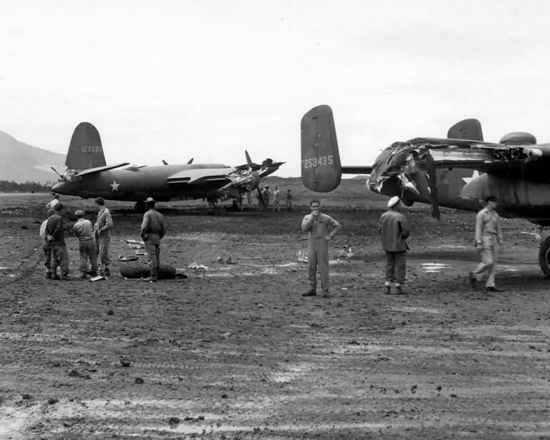 13th Air Force B-26 and B-25 42-53435 after collision New Caledonia SWPA 1943