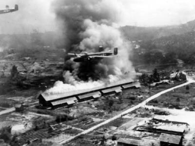 B-25 Mitchell of 42nd Bomb Group low altitude raid on Balikpapan 1945