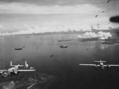 PBJ Mitchell bombers in heavy AA fire over Rabaul 1944