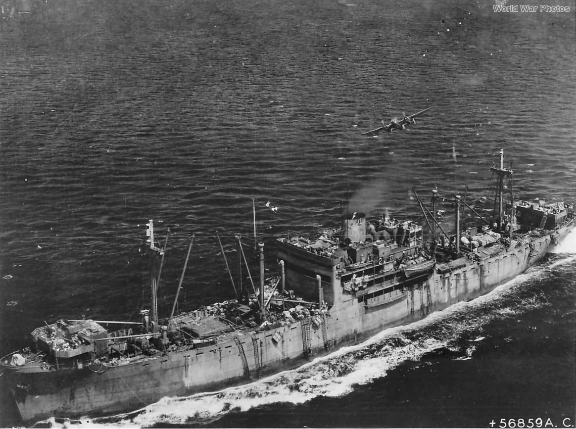 B-25 of 38th Bomb Group over Japanese Ship in Ormoc Bay 1945