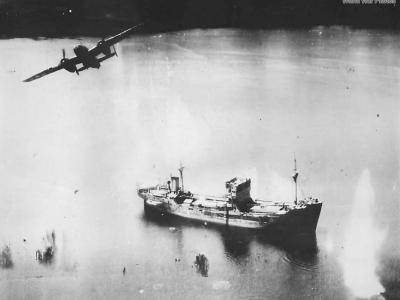 B-25 of 5th AF blasts Japanese freighter off the Northern coast of New Guinea 1944