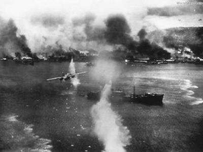 B-25 Blasts Japanese Ship at Rabaul 1943