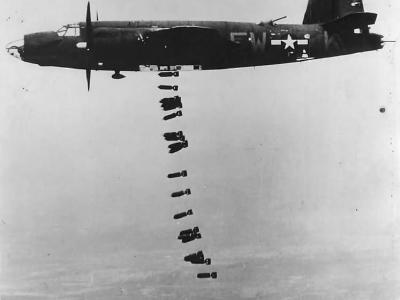 Bombs fall from B-26 42-95857 of 556th BS, 387th Bomb Group
