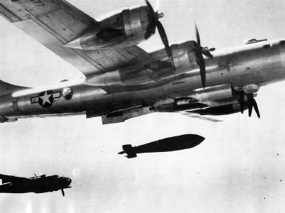 5400 kg (12,000 lb) Tallboy aka Blockbuster bomb falling from B-29 Superfortress, 1945