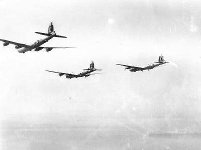 B-29 Superfortress bombers from 29th Bomb Group in flight during World War II