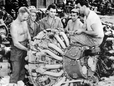 Mechanics work on B-29 Superfortress engine Wright R-3350