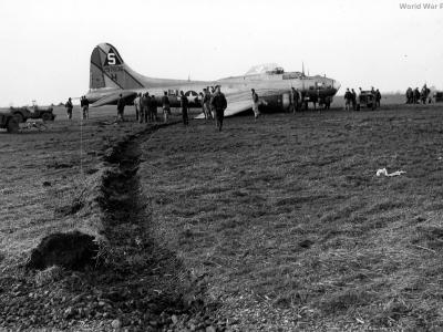 B-17G 42-97636 of 401st BG after crash landing at Deenethorpe