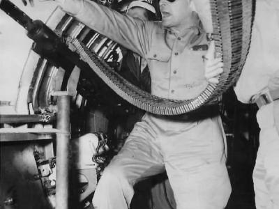 Gen MacArthur directs attack from Gun Port of B-17