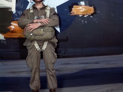 Paratrooper with full equipment in front C-47