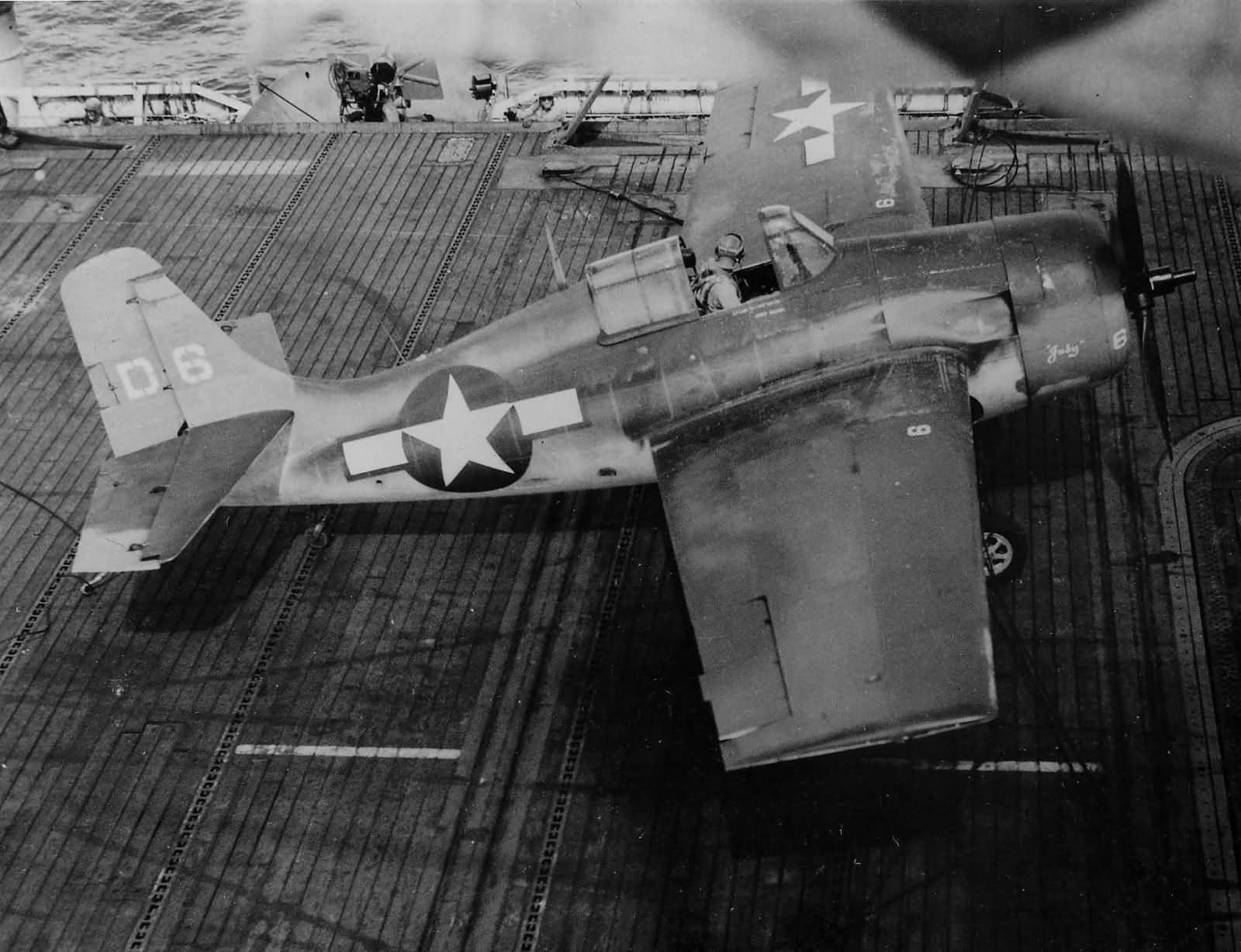 FM-2 Wildcat of VC-14 on the flight deck of the escort carrier USS Hoggatt Bay CVE-75 Philippines 22 November 1944