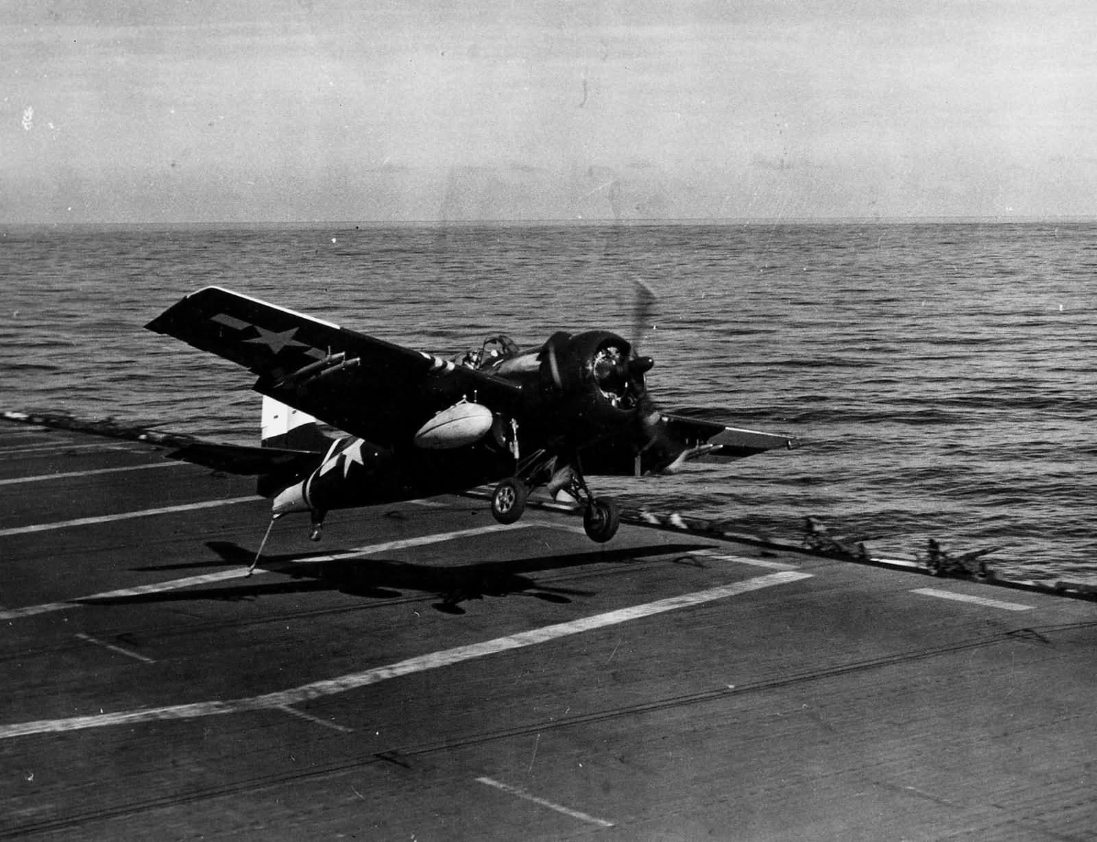 FM-2 Wildcat of VC-70 attempting to trap on the flight deck of the escort carrier USS Salamaua CVE-96 – 7 September 1945
