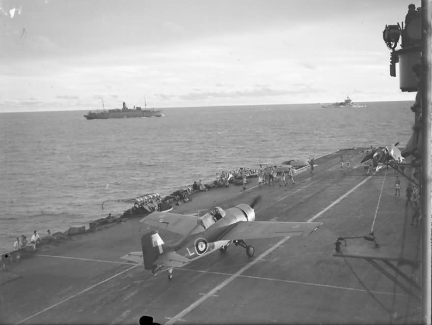 Grumman Martlet code ‚L’ of 888 Squadron FAA flight deck of HMS Formidable Madagascar May 1942