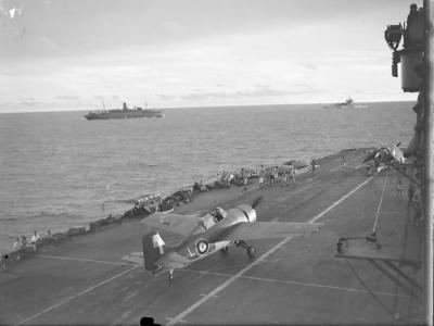 Grumman Martlet code ‚L’ of 888 Squadron FAA flight deck of HMS Formidable Madagascar May 1942