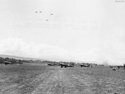 Marine F4Fs at cow pasture part of Fighter One airstrip at Lunga Point fall 1942