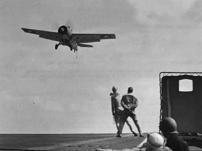 Signal Officer Directs Grumman Wildcat F4F Landing on Carrier 1942 Operation Torch